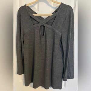 Doe and Rae cozy and comfy gray jersey top with sexy strap neck line